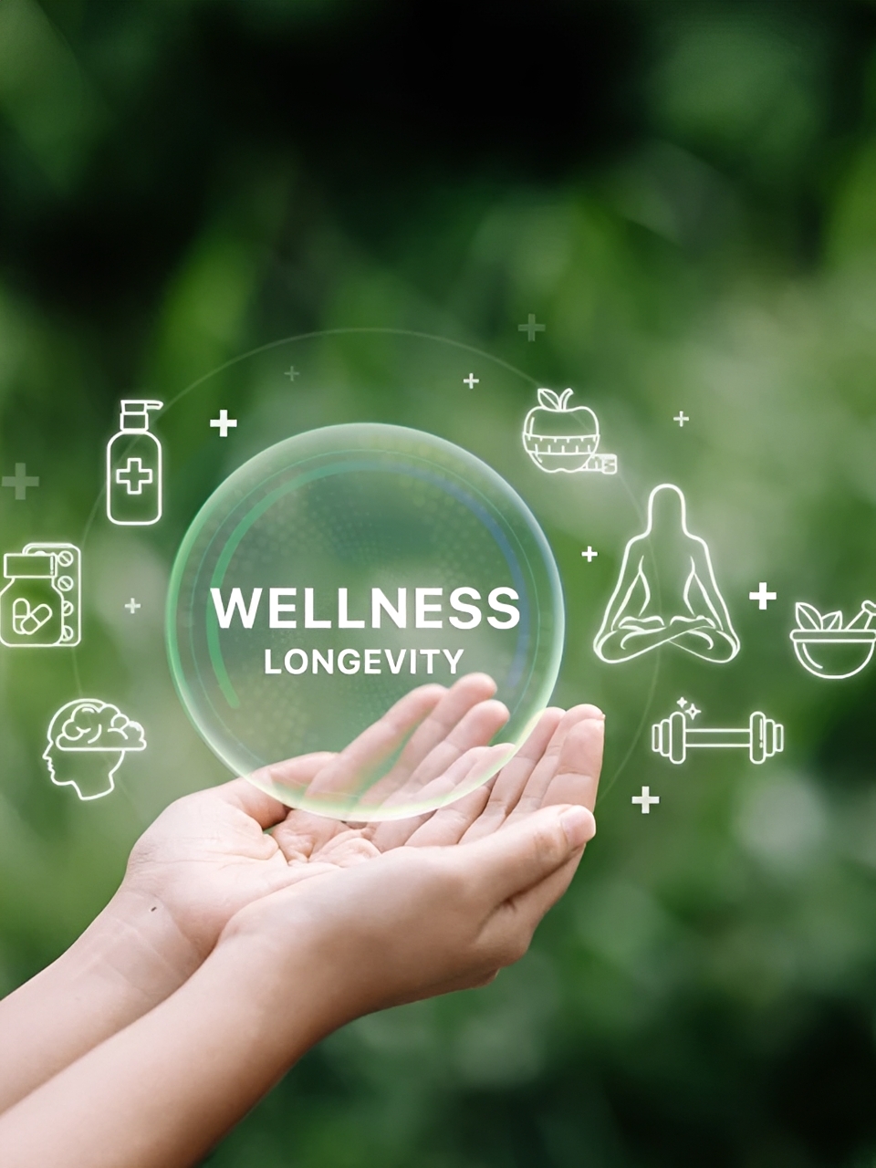 Hands holding a wellness and longevity concept with health icons.