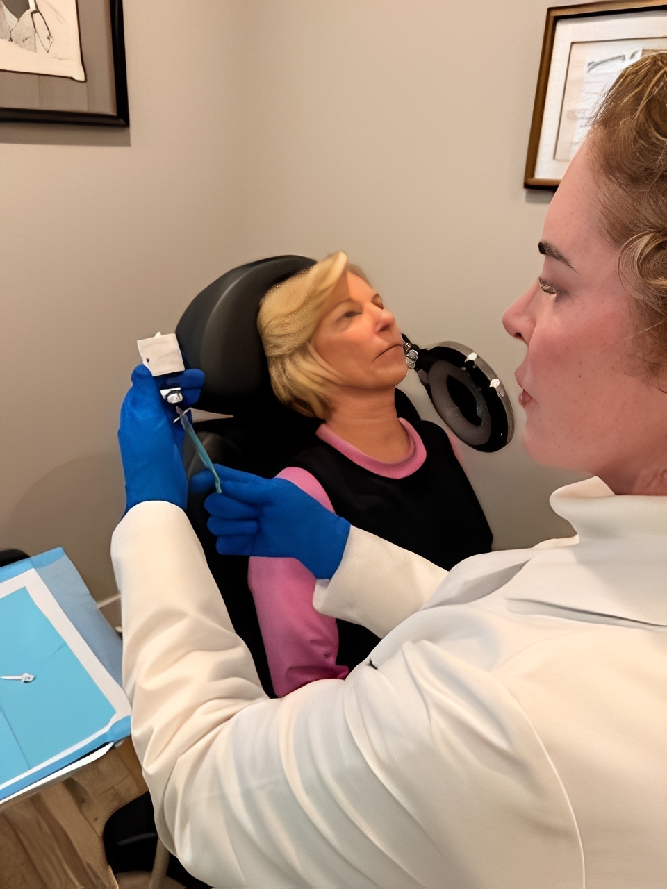 A doctor examining a patient's throat with a tongue depressor in a clinic.